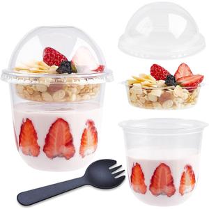 TOFLEN 12 oz Clear Plastic Yogurt Parfait Cups with Lids Disposable To Go Cereal Cups for Breakfast Snack Fruit, Veggies and Dips (50 Cups+Inserts+Sporks+Dome Lids)