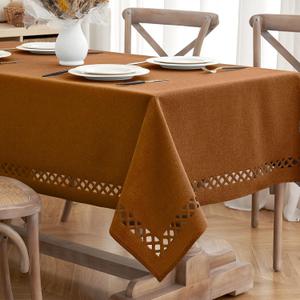 MIULEE Brown Thick Polyester Linen Rectangle Tablecloth with Decorative Cutouts Waterproof Stain Resistant Table Cloth Spring Boho Farmhouse Table Cover for Dining Party Wedding, 120 x 55 inch