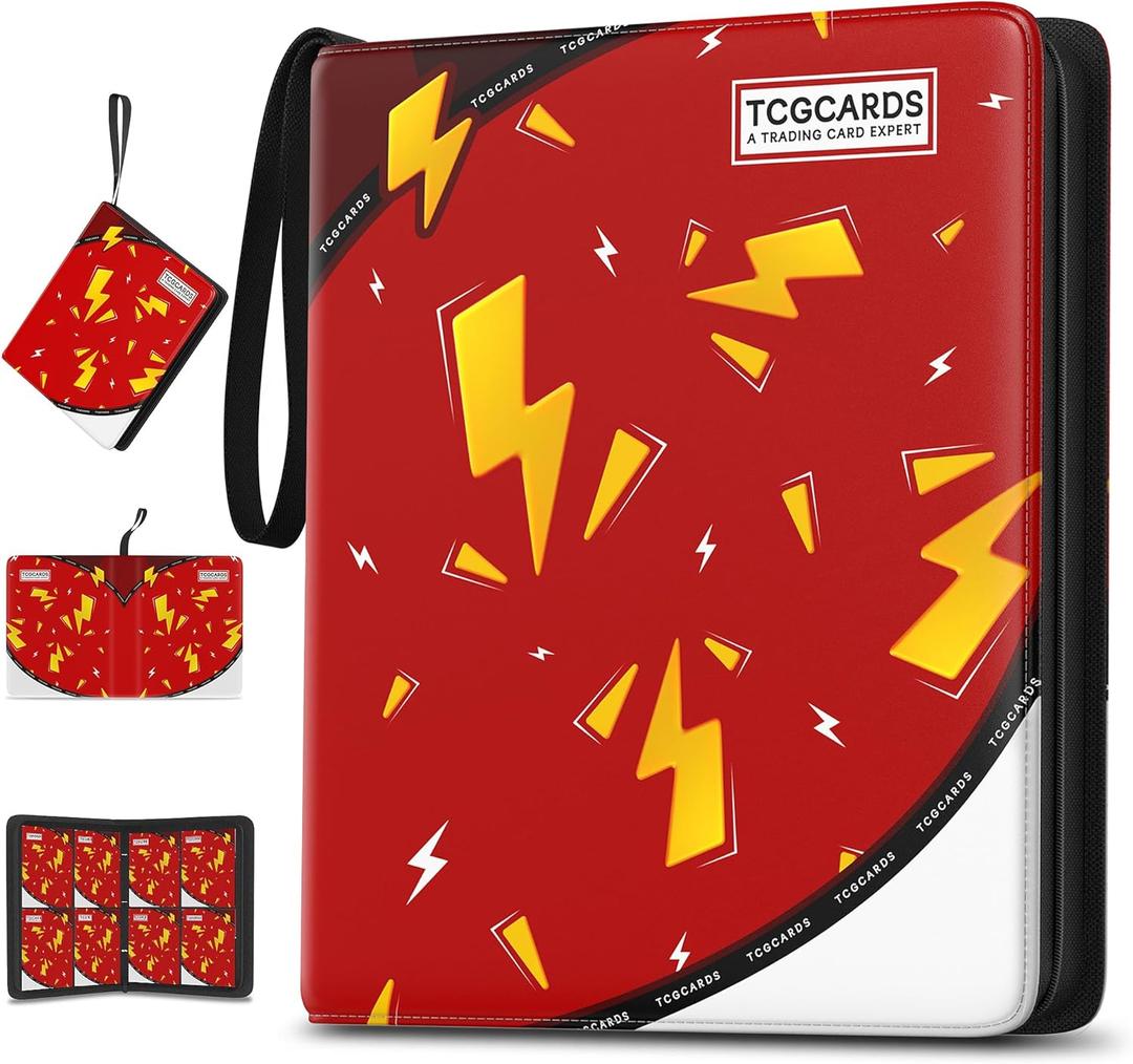 Trading Card Binder 4 Pocket,400 Pocket Card Collection Binder with 50 Removable Sleeves,PU Waterproof Top Card Book,3-Ring Zipper Collectible Trading Card Album for MTG/TCG/Card Holder GiftRed (Small)