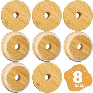 Bamboo Lids for Beer Can Glass, Natural Wood Lids 70mm with Straw Hole, for 16 20oz Glass Cup, Fit for Regular Mouth Mason Jars