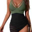 Blooming Jelly Womens One Piece Swimsuit Tummy Control Swim Dress Curvy Modest Bathing Suit Wraps Sarong Swim Suits 2025 (Large, Green and Black)
