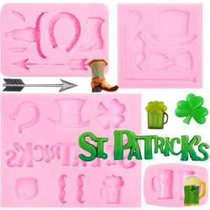 2 x St Patrick'S Day Silicone Molds 4 Pcs, Shamrocks Chocolate Fondant Mold Bull Head Arrow Beer Mug Horse Shoes Hat Clover Beard Bow Beard for Cake Decoration Cupcake Topper Resin Polymer Clay Crafts