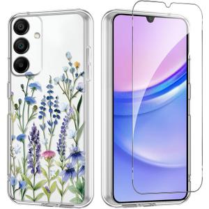 Flower Phone Case Floral for Samsung Galaxy A15 5G 6,5'' with Screen Protector, Clear Transparent Phone Cover Slim Soft Shockproof Anti-Scratch Drop Protection Funda for Girls Women, 03