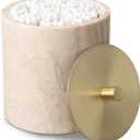 Nartural Marble Qtip Holder with Brass Lid, Beige Travertine Cotton Swab Jar, Modern Round Canister, Small Apothecary Storage Jars for Bathroom, Bedroom, Vanity, Kitchen Cabinet