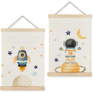 LUVADIAN Space Wall Decor, Nursery Decor Wall Art With Wooden Poster Hanger, Spaces Themed Bedroom Decor, Space Wall Decor for Toddler Boys Bedroom Nursery Playroom Classroom, 12x16 Inch Set of 2