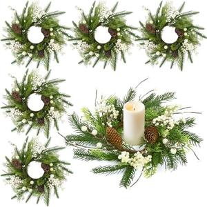 6 Pcs Christmas Candle Rings Winter Small Christmas Wreath Small Artificial Norfolk Pine Wreath with White Berries and Pine Cones for Xmas Holiday Decoration
