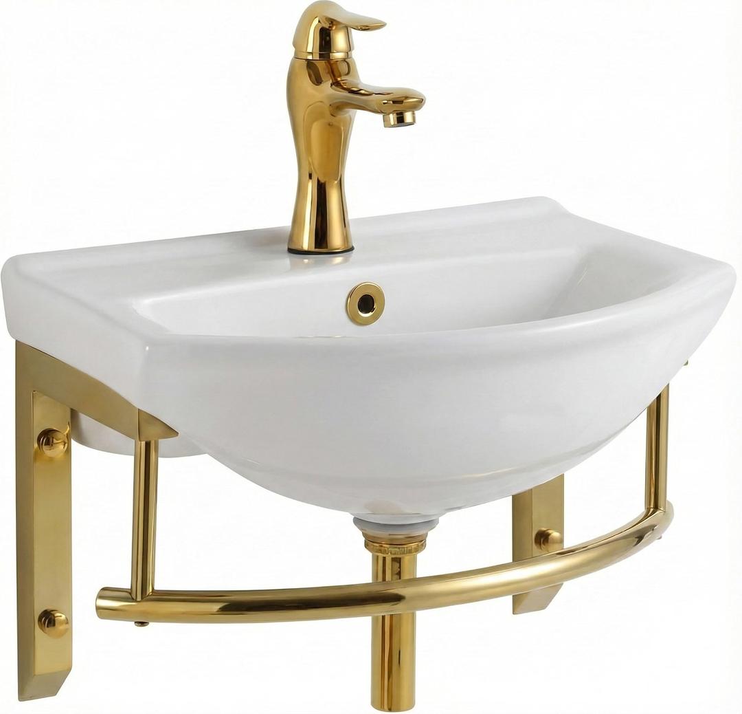 Renovators Supply Small ADA Wall Mount Bathroom Sink, Brass, 17 3/4 in.
Floating wall hung sink combo. Faucet, drain, overflow, towel bar included. Grade A vitreous china. Powder room.