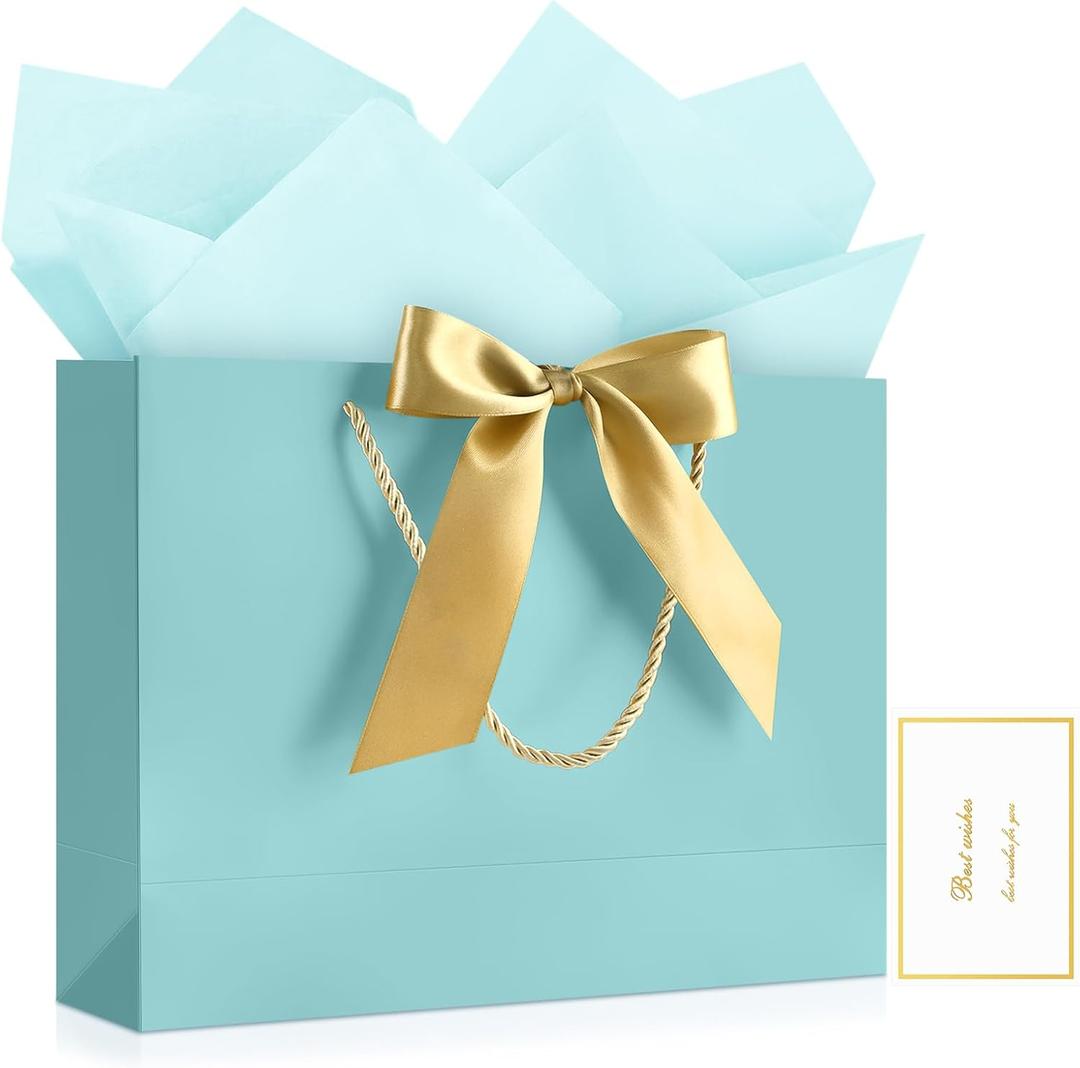 JMANNI 1PCS Large Gift Bag with Ribbon and 1 Greeting Card 2 Tissue Papers, Portable Paper Gift Bag with Handles, Birthday Present Bags for Wedding Party,Mothers Day12.6" x 9.8" x 3.9"(Baby Blue