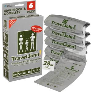 TravelJohn Resealable Disposable Urinal Bags  Road Trip Essentials for Men, Women & Kids  Odorless Leakproof Portable Urine Bags  Travel Urinal for Camping & Emergencies (TJ1N-C)