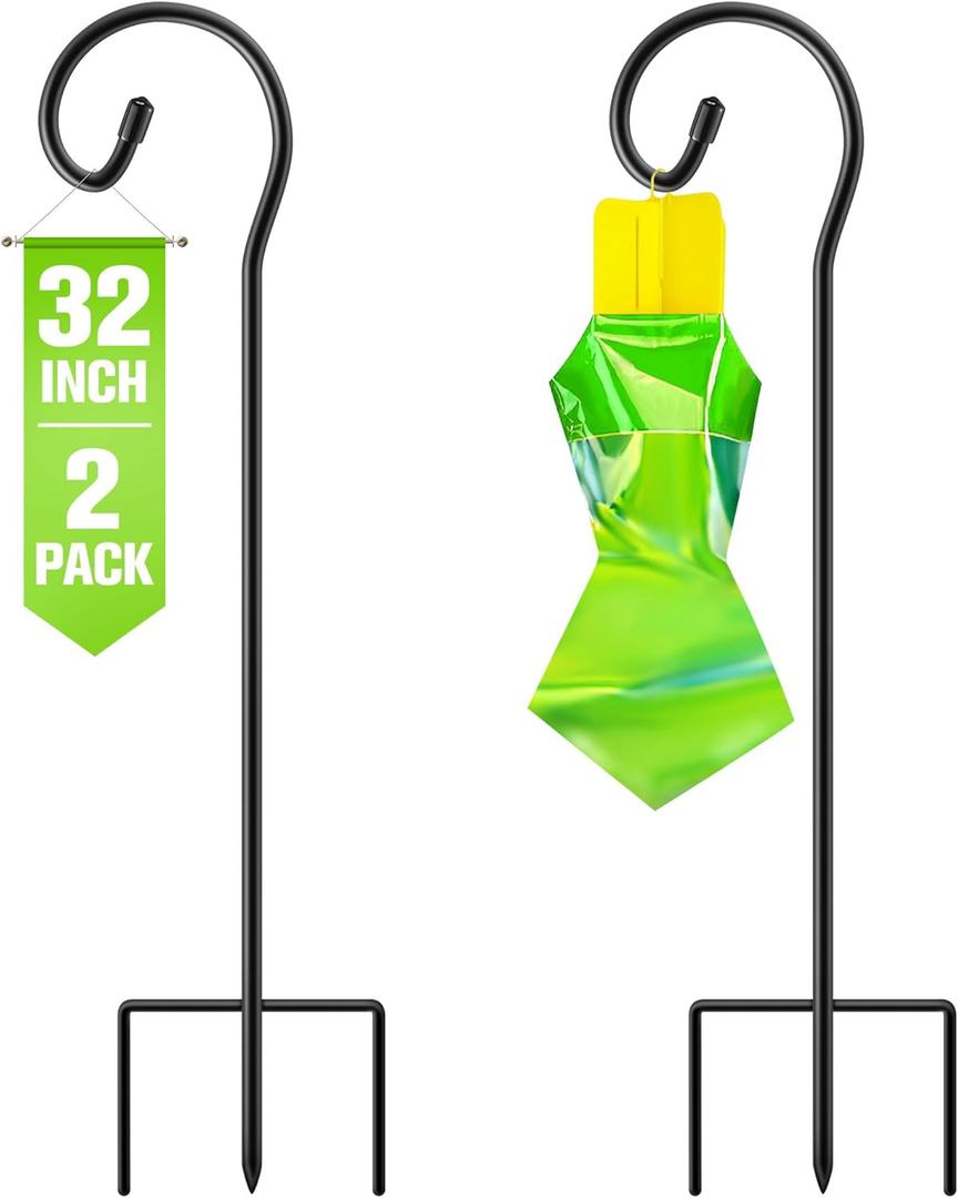 Qualirey 2 Pack Japanese Beetle Trap Stand with Shepherds Hooks for Outdoor, 32 Inch Metal Stand with 3 Prongs Base for Hanging Japanese Beetle Traps (Trap Not Included)