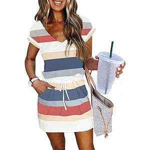 Women's Summer Dress Lantern Sleeve Square Neck Tie Front A-Line Double Layer Hem Mini Dresses, Large