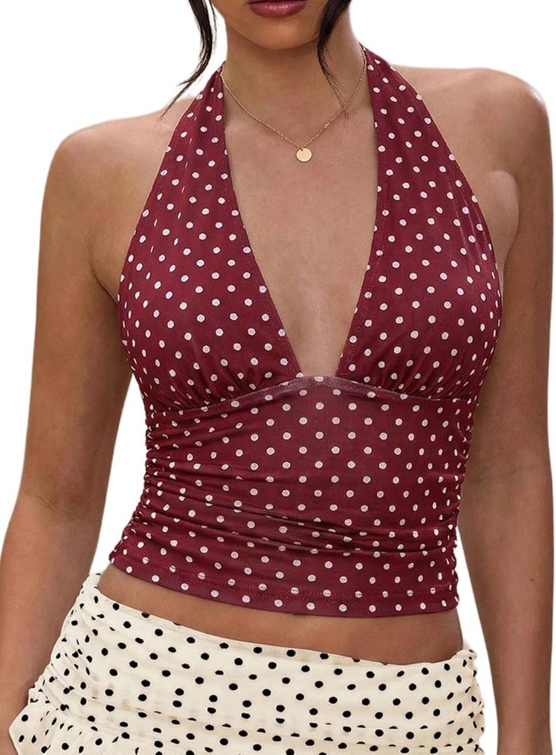 Milumia Women Polka Dots Halter Crop Top Y2k V Neck Open Back Sleevelss Tank Tops Going Out Party Club Dark Red S