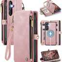 Defencase for Galaxy S24 Magnetic Wallet Case Compatible with Magsafe with RFID Blocking Zipper & Card Holder for Women Men, PU Leather Detachable Phone Case for Samsung Galaxy S24 5G 6.2", Rose Pink