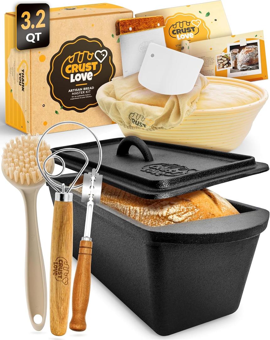 CRUSTLOVE Rectangular Cast Iron Dutch Oven for Bread Baking - incl. Sourdough Bread-Baking Supplies - 3.2QT Bread-Pan for Homemade-Bread, Sour dough Bread-Pans with Lid, Bread-Oven, Bread-Baking-Pan