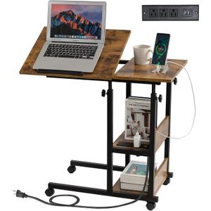 Hadulcet Adjustable C Table with Charging Station, Tiltable Desk C Shaped End Table for Couch, Over Bed Table with Wheels Adjustable Height, Hospital Table Laptop Stand Drawing Desk, Rustic Brown, 15.8 inches x 31.5 inches x 33.5 inches