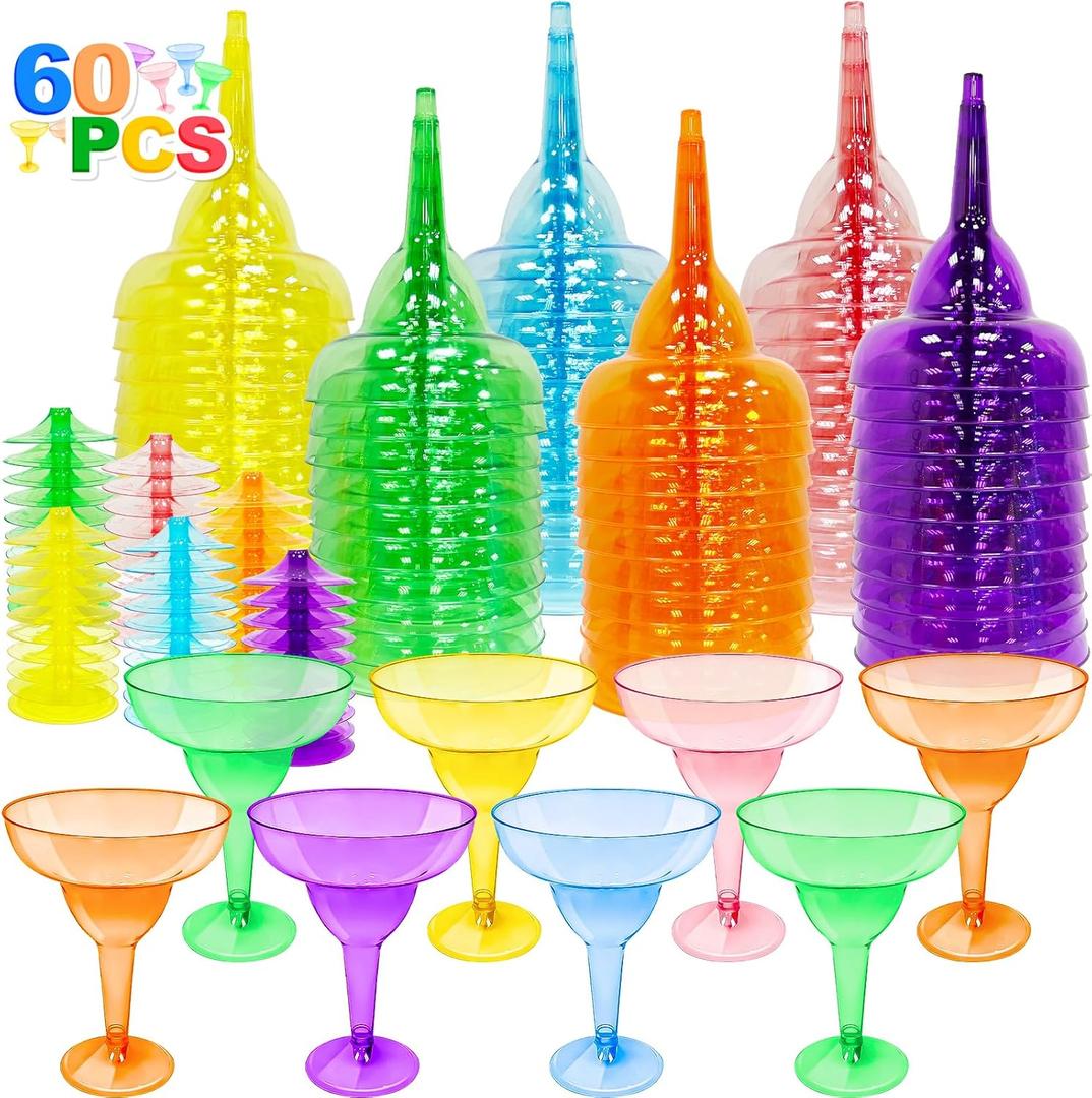 TURNMEON 60 Pack Multicolor Plastic Margarita Glasses 12 oz Disposable Cocktail Cups for Cinco De Mayo Decorations Fiesta Party Decorations Fun Taco Tuesday Mexican Themed Party Supplies
