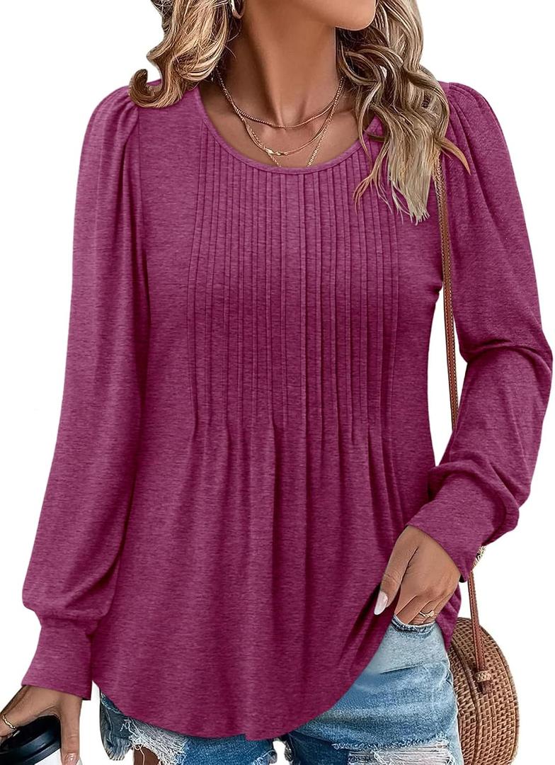 BETTE BOUTIK Long Sleeve Shirts for Women Fall Tops Dressy Blouses Crewneck Tunic Tops for Leggings S-3XL (Red, S)