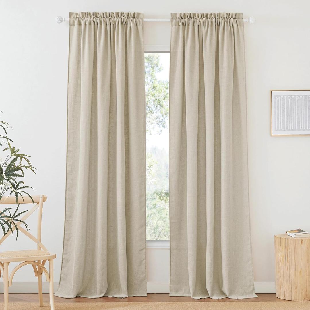 RYB HOME Semi Sheer Curtains - Linen Textured Sheer Curtains Light & Airy Country Curtains Privacy Sheer Window Decor for Bedroom Living Room Sun Room, Beige, W 52 x L 90 inch, 1 Pair