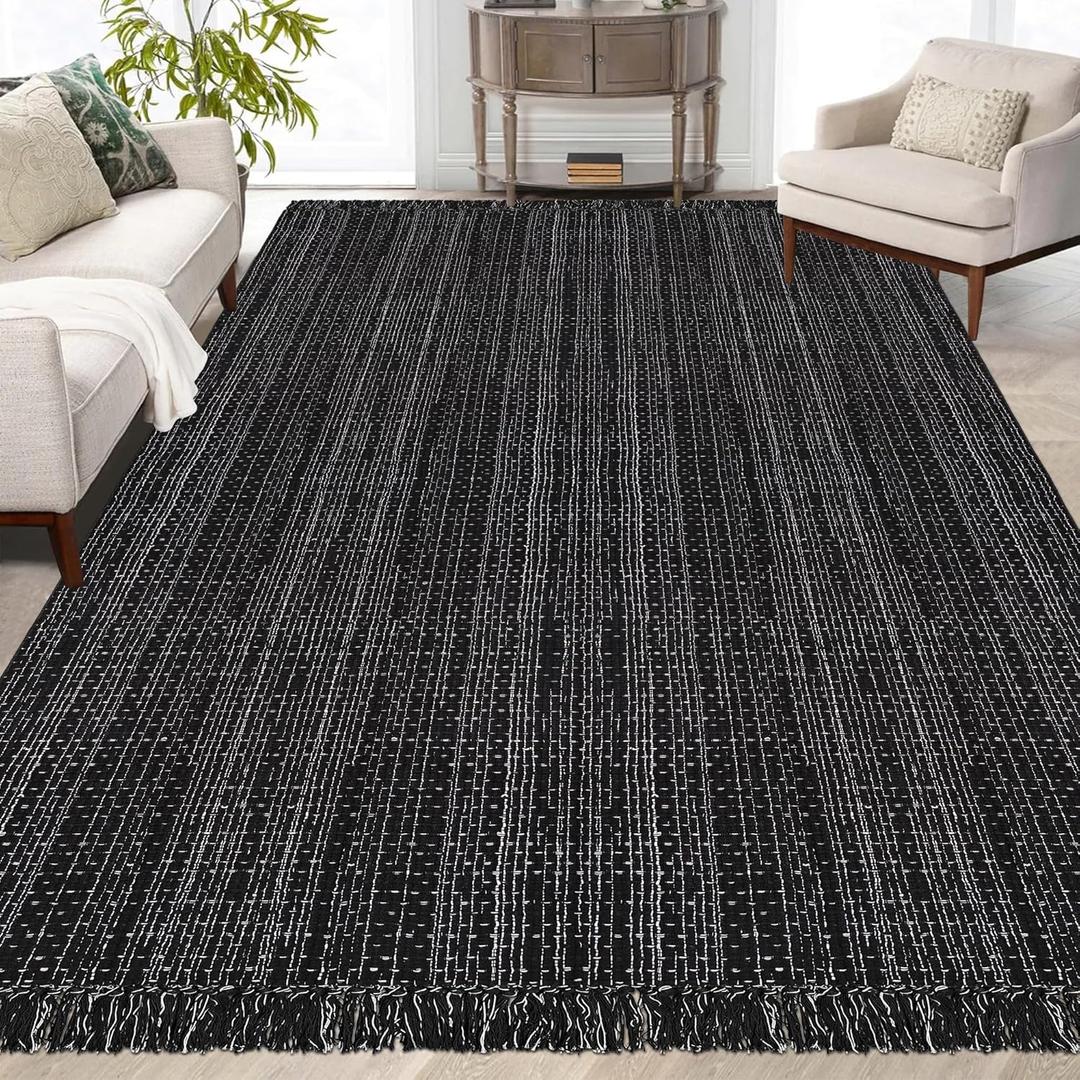 Indoor Outdoor Rug Braided Area Rug Washable Kitchen Tassel Rug 6x9, Black and White Striped Rug Cotton Rugs Farmhouse Decor Reversible Laundry Room Mat Patio Rug Front Porch Mat (69)
