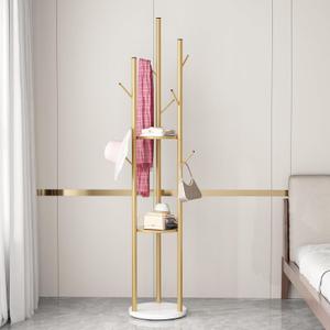 Gold Coat Racks Freestanding with 9 Hooks, Metal Coat Stand with Heavy Marble Base, Entryway Coat Tree Hanger, Purses Racks