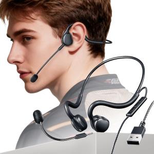 USB Headset with Mic for PC Gaming, Open Ear Headphones for Long Wear Comfort, Computer Headset with Noise Canceling Boom Mic & Stereo Sound for Laptop, Streaming, MS Teams, Call Center & More (Black)