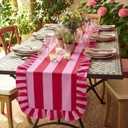 HunnmingRe Ruffle Edge Striped Table Runner 118 x 15.7 Inch Scalloped Table Cover Farmhouse Linen-Cotton Blend Fabric Tabletop Decor for Home Kitchen Dinner Wedding Bridal Shower Party