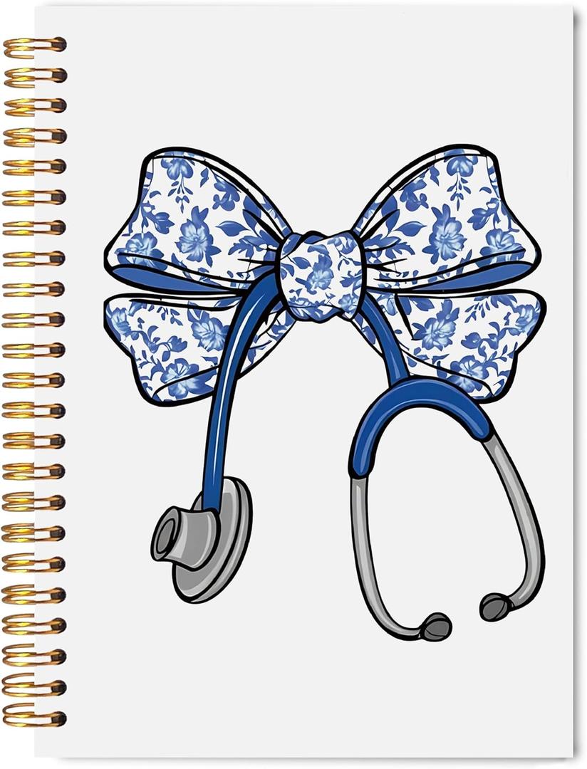 Chinoiserie Blue Bow Nurse Spiral Notebook Journal 5.5x8.3, Nurse Appreciation Gifts, Nursing Medical Office Supplies for Work, Blue Floral Stethoscope Journaling Notebooks
