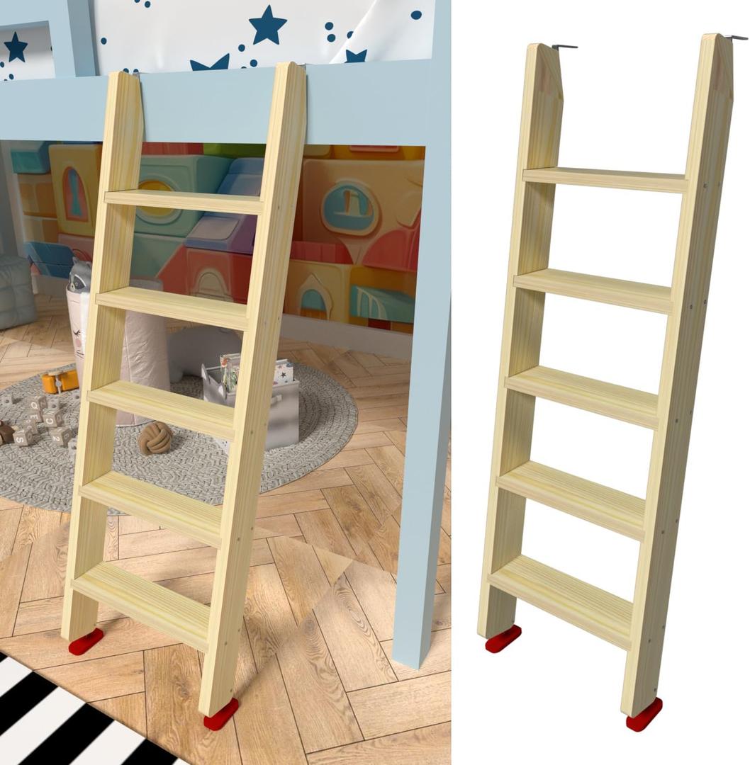 55" Wood Bunk Bed Ladder, Lofted/Dorm/RV Bed Bunkbed Ladders with 4in Extra Wide Steps and Non-Slip Pads, Replacement Wooden Ladder for Motorhome/Camping (Wood Color, 55in /140cm)