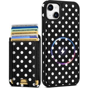 Shorogyt for iPhone 14 Plus Wallet Case - Fits 5 Cards, Compatible with Magsafe Detachable Magnetic Credit Card Holder Leather Cardholder Cute Phone Cover Women Girls for Apple 14Plus, Polka Dots