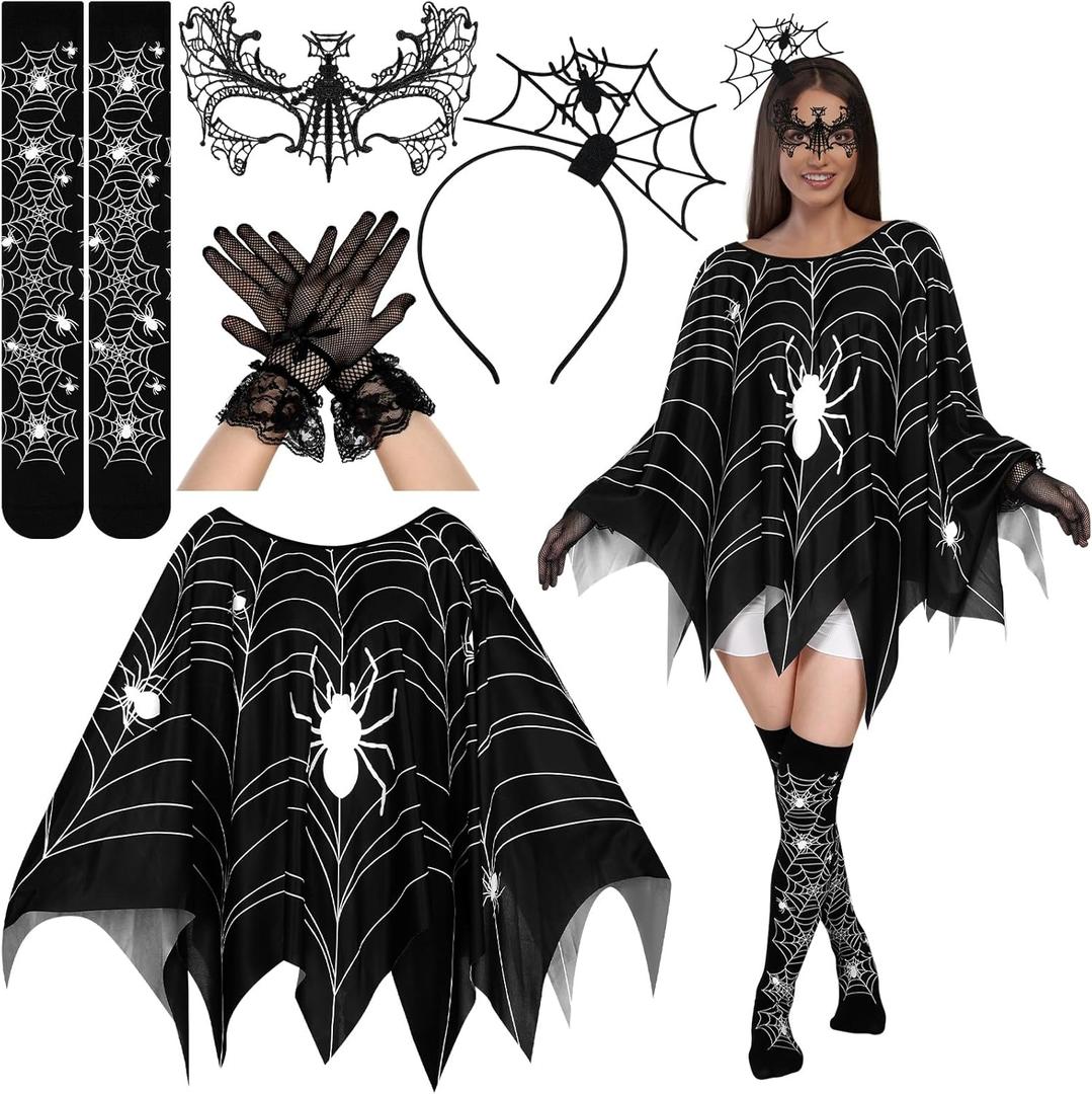 Newcotte 5 Pcs Women Halloween Spider Costume Accessory Spider Web Dress Poncho Cape Hair Hoop Stockings Lace Mask Choker