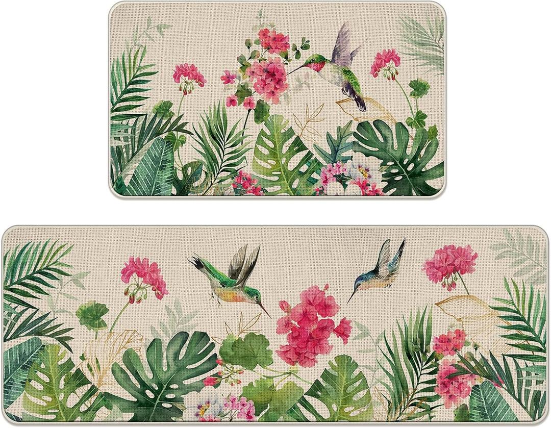 Spring Summer Geranium Flower Kitchen Rugs Set of 2, Hummingbird Red Floral Palm Leaves Kitchen Mats Decor, Monstera Floor Door Mat Home Decorations -17x29 and 17x47 Inch