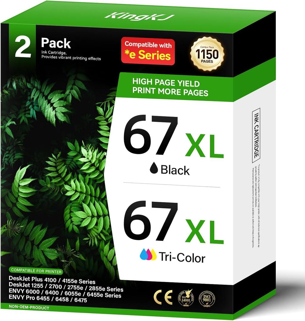 KingKJ Compatible 67XL Ink Cartridge Replacement for HP DeskJet 2700 2700e 2755 2755e 2752 4155e 2855e 4100 4100e 4155 4255e Envy 6000 6055 6400 6455e 6458 1255, Black, Tri-color, 2-Pack