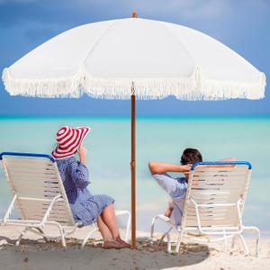 Aoxun 7ft Patio Umbrella with Fringe,Outdoor Beach Umbrella with Aluminum Pole, Ribs Push Button Tilt and Carry Bag, UV 50+ Picnic Tassel Umbrella (White)