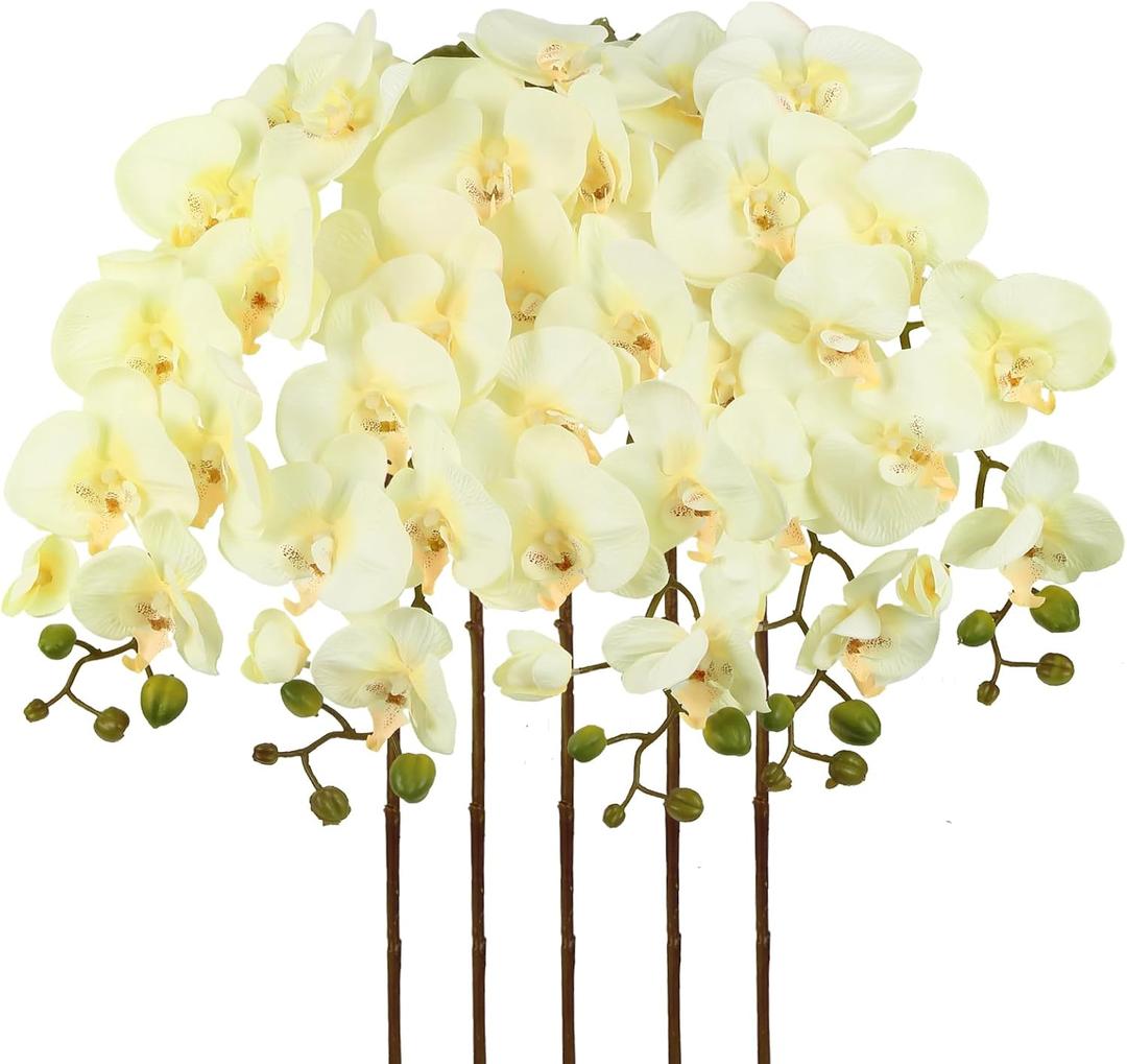 IPOPU 40.16" Champagne Orchid Artificial Flowers 5PCS Look Real Faux Orchids Long Stem Fake Orchid Stems Phalaenopsis for Tall Vase for Bridal Shower Home Party Wedding Decoration (Champagne)