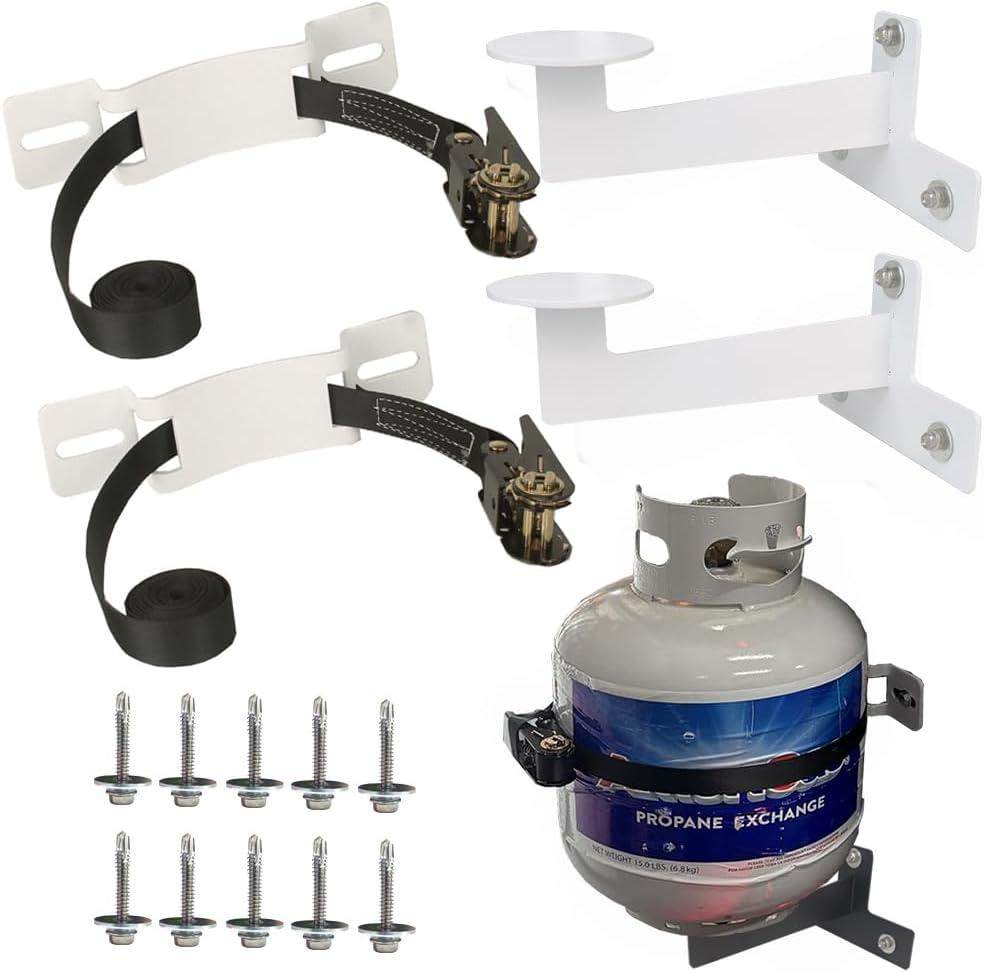 Propane Tank Holder, RV Propane Tank Storage,Exchange Propane Gas Cylinder Support for Campervans and Travel Trailers Suitable for Standard 20-30 Pound Propane Tank Stand (White)