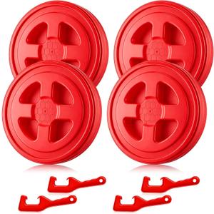 Novabright 4 Pcs 5 Gallon Bucket Lids with 4 Lid Openers 12 Inch Leak-proof Food Plastic Screw Top Seal Lids for Pet Food Storage, Chicken Feed Containers, and Paint Storage(Red)