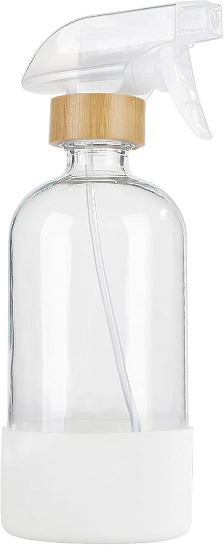 HOMBYS Empty Bamboo Glass Spray Bottles with Silicone Sleeve Protection - Refillable 17 oz Clear Glass Containers for Cleaning Solutions, Essential Oils, Misting Plants - Quality Sprayer - 1 PCS (White)