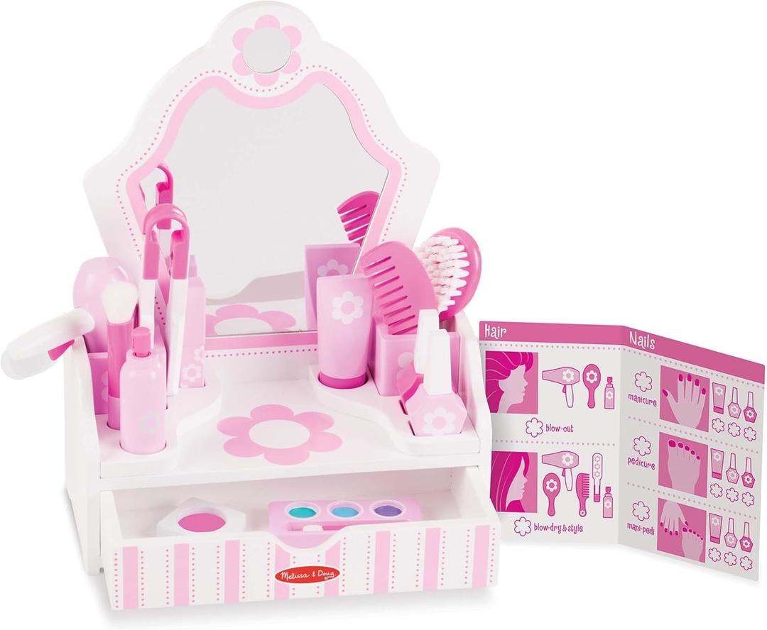 Melissa & Doug Wooden Beauty Salon Play Set, 18-Piece Vanity with Pretend Play Toys, Makeup, Mirror, Accessories & More, Preschool Toys for Girls & Boys Ages 3+ - FSC Certified
