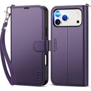 TUCCH Case Wallet for iPhone 17 Pro Max (6.9") 2025, Wrist Strap, Stand, RFID Blocking, 4 Card Holder, TPU Shockproof Inner Shell, PU Leather, Magnetic Folio Protective Cover, Deep Purple