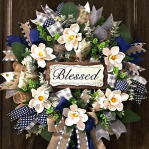 Waipfaru 22 Inch Spring Summer Wreath, Magnolia Wreaths for Front Door with Eucalyptus & Blue Grey Burlap Bow, Year Round Wreaths for Porch Farmhouse Patio Door Decor All Season (1 Pcs)