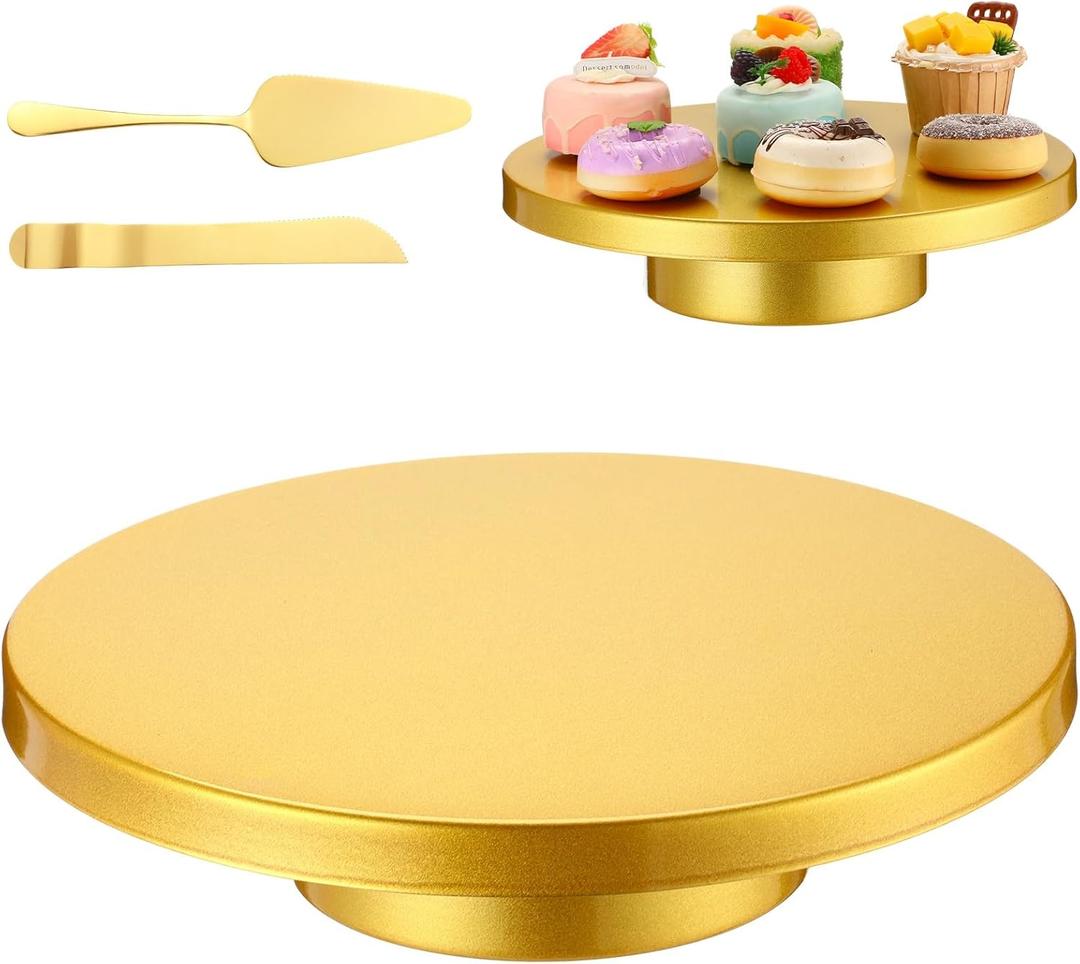 Wenqik 12 Inch Metal Gold Cake Stand with Cake Knife and Spatula, Round Dessert Table Display Stand Metal Dessert Tray Serving Platter for Party, Wedding, Birthday, Baby Shower, Anniversary