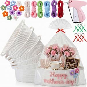 LemonRoad 6 Sets Small Woven Gift Basket DIY Rope Mother's Day Baskets for Gifts Empty 12"x 8"x 5" with Bags, Ribbons, Sewing Machine, Crochet, Dog Cat Baby Toy Nursery Storage Bins for Baby Showers