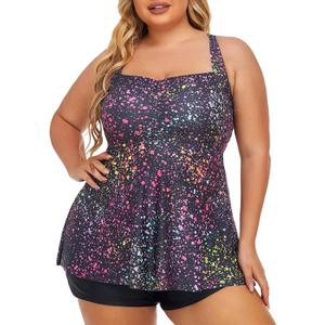 Summer Mae Women Plus Size Two Piece Tankini Swimsuits Flowy Bathing Suits Tummy Control Swimwear with Shorts (Star Whole Sky) 22W