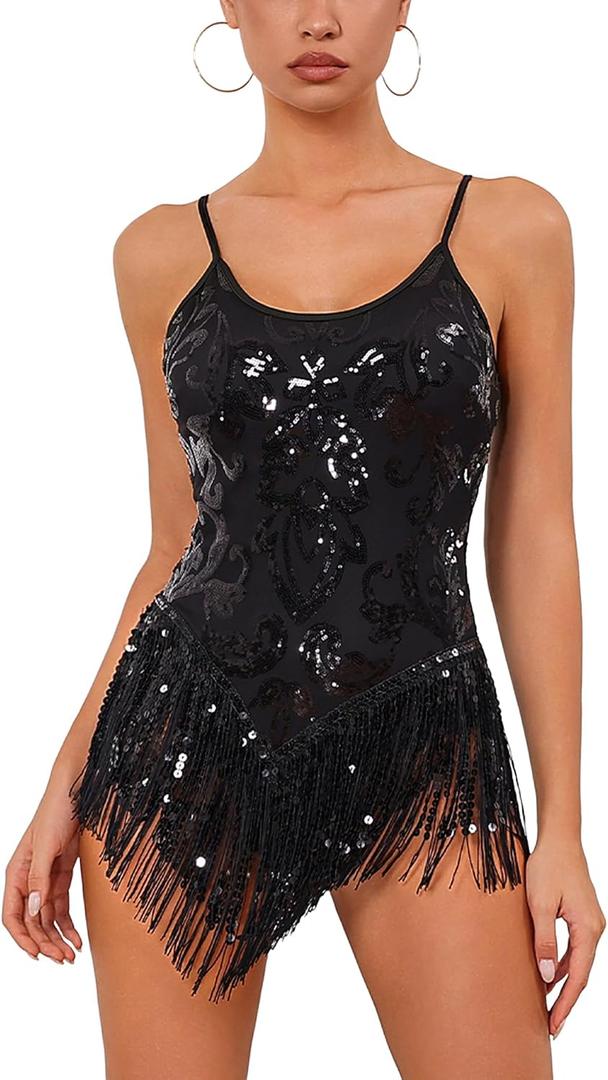 IMEKIS Women Sparkle Floral Fringes Bodysuit Latin Dance Concert Rave Outfit Music Festivals Halloween Cosplay Costume (S)