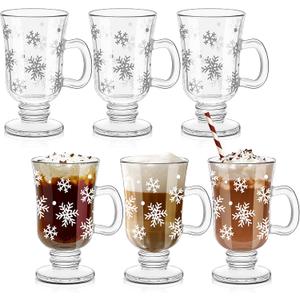 Sliner Set of 6 Christmas Snowflake Glass Coffee Mugs with Handle, 8 oz Clear Irish Footed Coffee Glasses Mugs Winter Holiday for Beverages Latte Hot Chocolate (Snowflake)