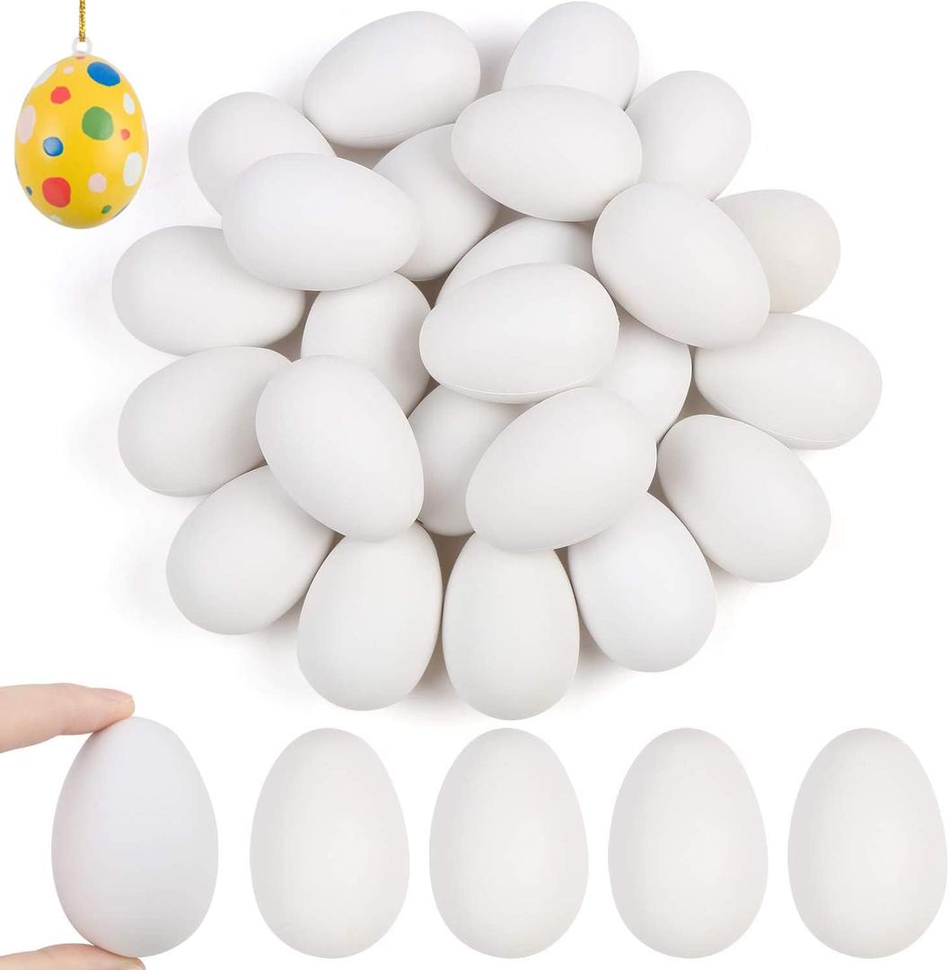 DIYASY Easter White Fake Eggs,30 Pcs Plastic Egg with Ribbon for Kids Craft Making and Easter Tree Ornaments