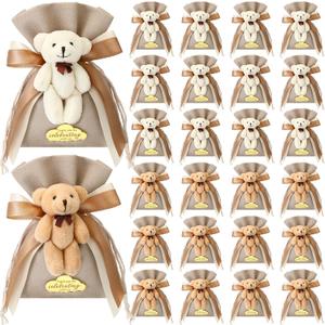 Shinylin 24 Pcs Bear Gift Bag Bulk for Baby Shower Guest Favor 5.3 x 7.1 Inches Candy Cute Plush Bear Drawstring Bag with Bow Thank You Acrylic Sign for Baby Boy Girl Party Decorations (Brown)