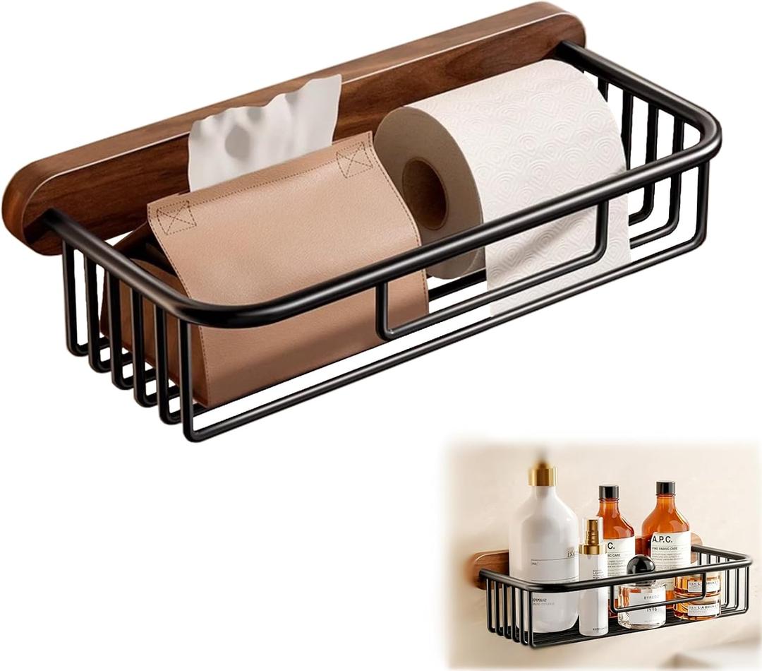 Bathroom Shelves,Toilet Paper Holder Wall Mount,Walnut Wooden & Aluminum Shelf Organizer Rack, Large Capacity No-Drill Rack Storage