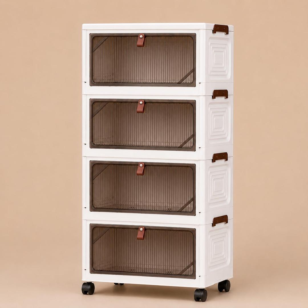 4-Tier Stackable Storage Bins with Lids, 81QT(4*20QT) Foldable Storage Cabinet Organizer with Transparent Front Doors & Wheels, for Toys, Clothes, Books, Bedroom,Nursery, Living Room