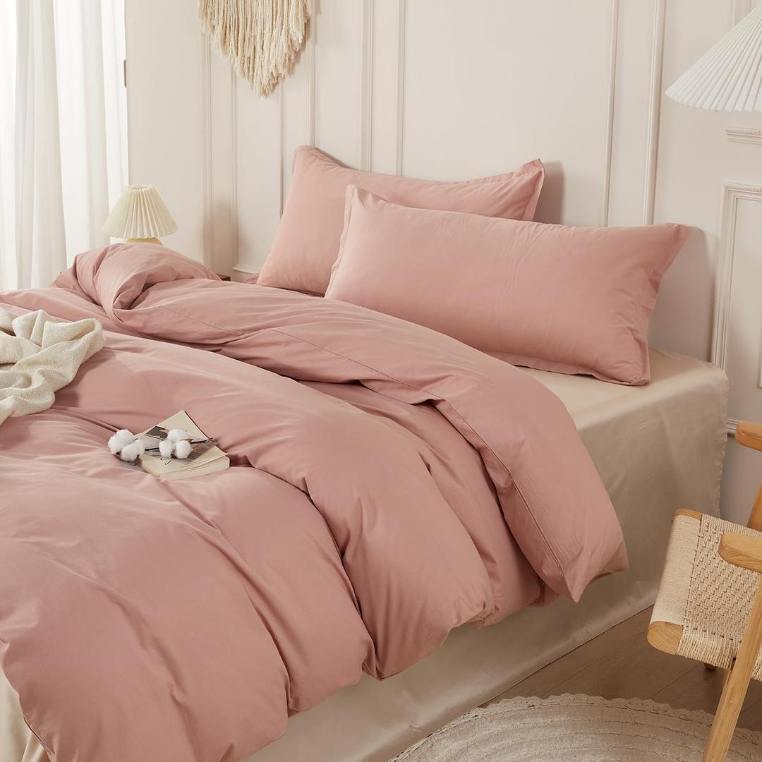SAPHREAS 100% Washed Cotton Duvet Cover King Size Set, Linen Like Comforter Cover with Zipper Closure & Corner Ties (No Comforter), 104x90 Dusty Rose